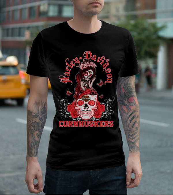 Harley Davidson Nebraska Cornhuskers Skull Roses Girl T-Shirt