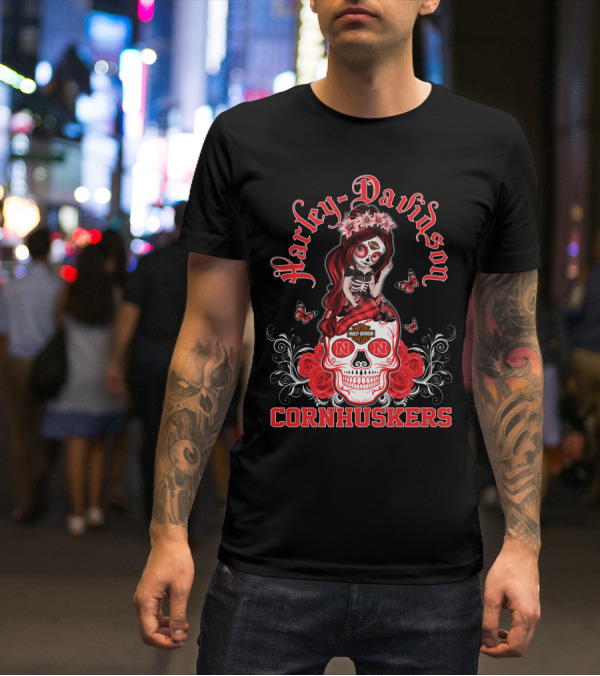 Harley Davidson Nebraska Cornhuskers Skull Roses Girl T-Shirt