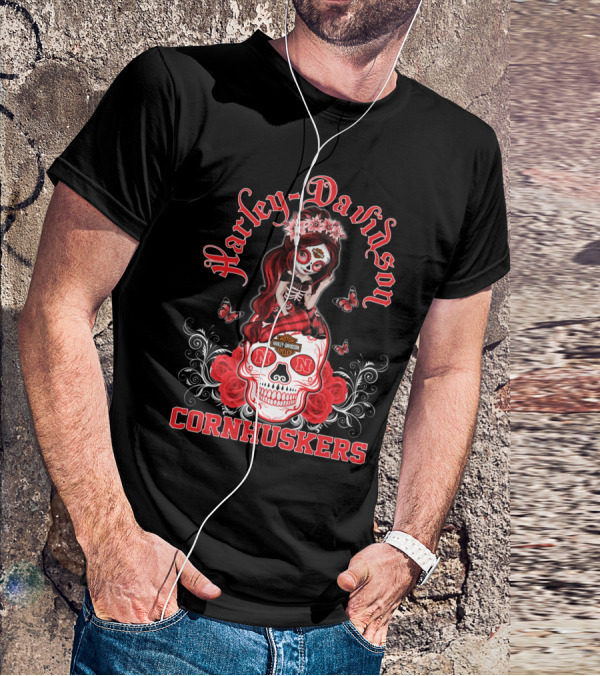 Harley Davidson Nebraska Cornhuskers Skull Roses Girl T-Shirt
