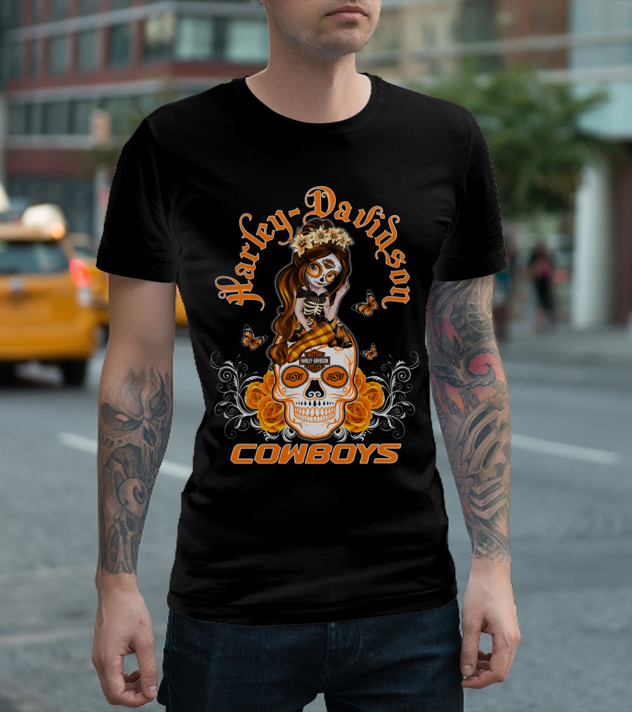 Harley Davidson Osu Cowboys Sugar Skull Roses Butterfly T-Shirt