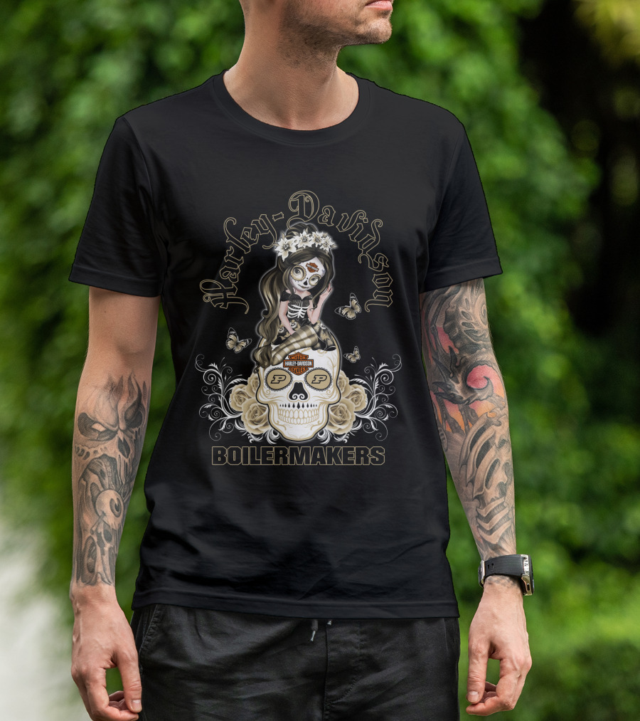 Harley Davidson Motor Cycles Boilermakers Purdue P Skull Roses Butterflies T-Shirt