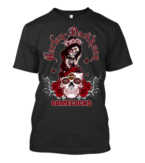 Harley Davidson Gamecocks Skull With Roses And Butterflies T-Shirt