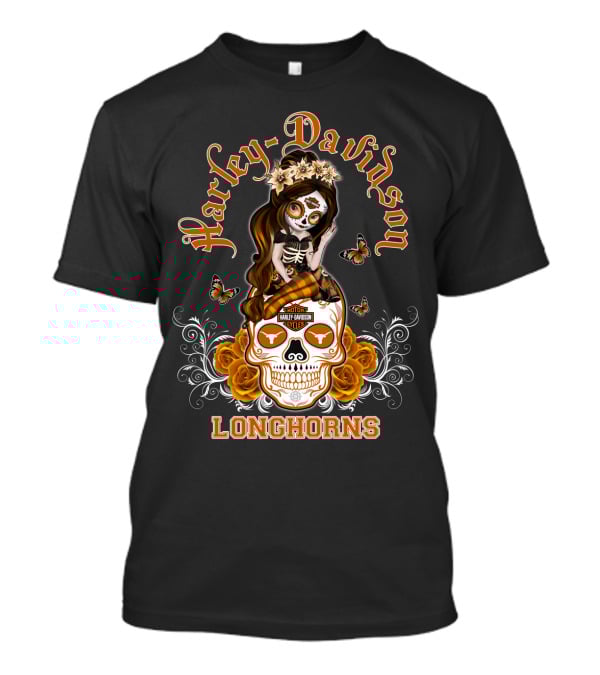 Harley Davidson Longhorns Texas Girl Skull Floral Motif T-Shirt