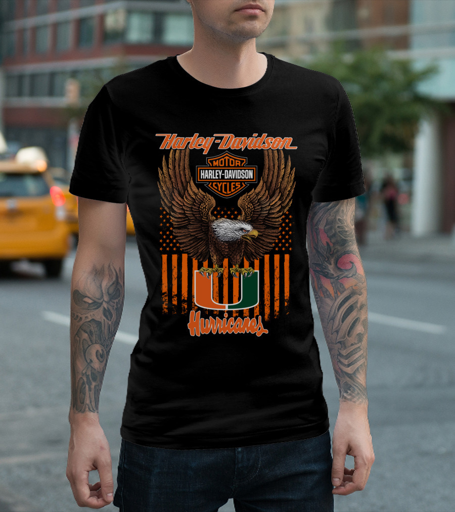 Harley Davidson Miami Hurricanes U Logo With Eagle And Stripes T-Shirt