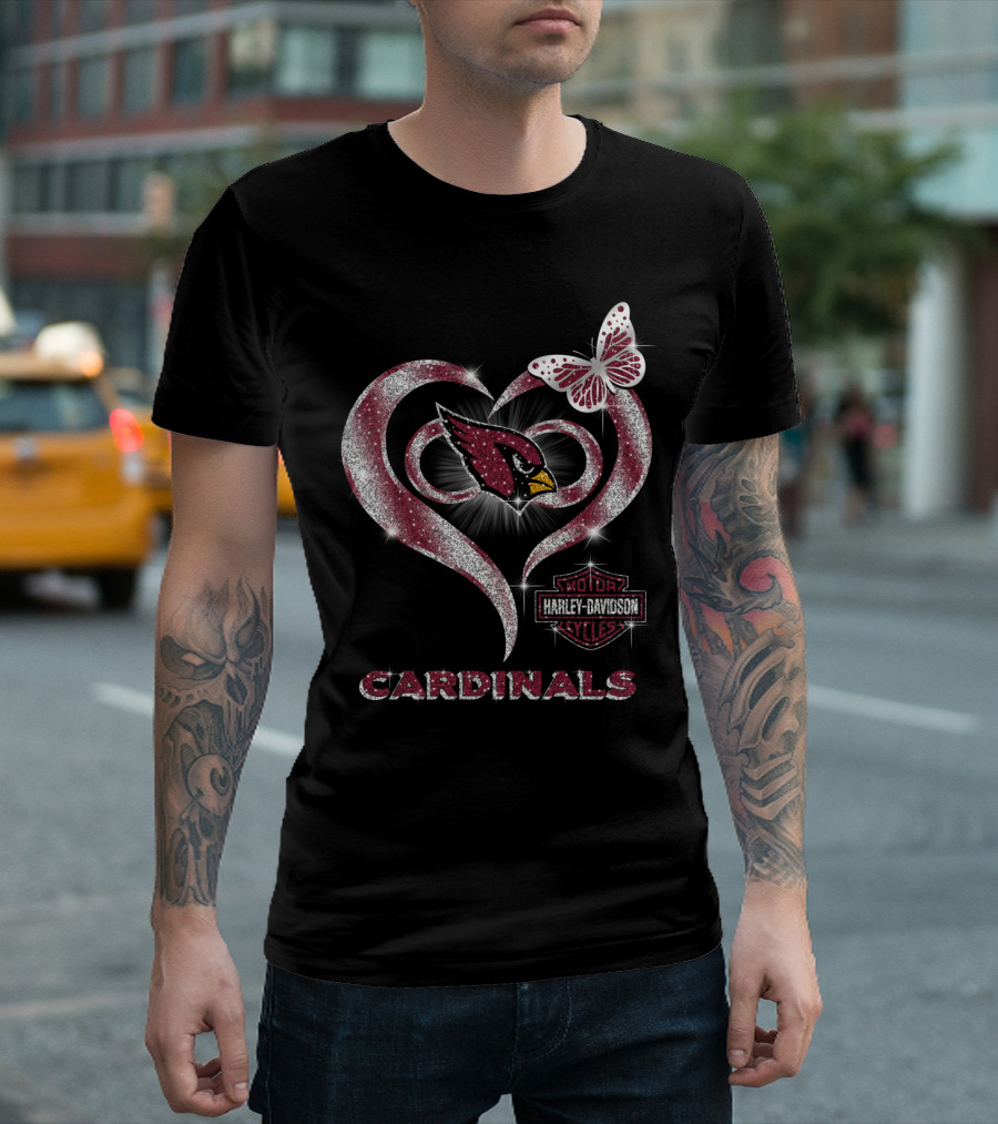 Arizona Cardinals Harley Davidson Logo Heart And Butterfly Sparkle T-Shirt