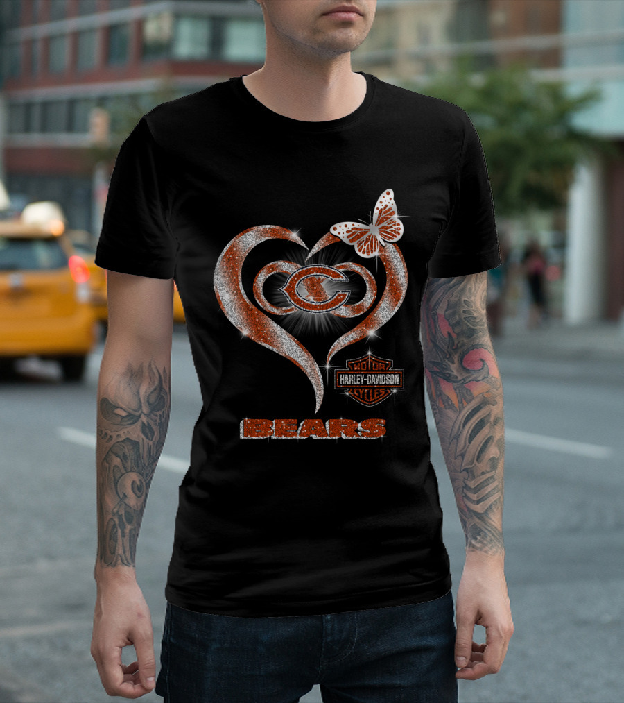Chicago Bears Heart Harley Davidson Butterfly T-Shirt