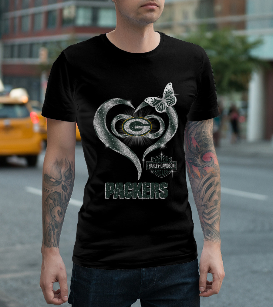 Green Bay Packers Harley Davidson Heart Butterfly T-Shirt