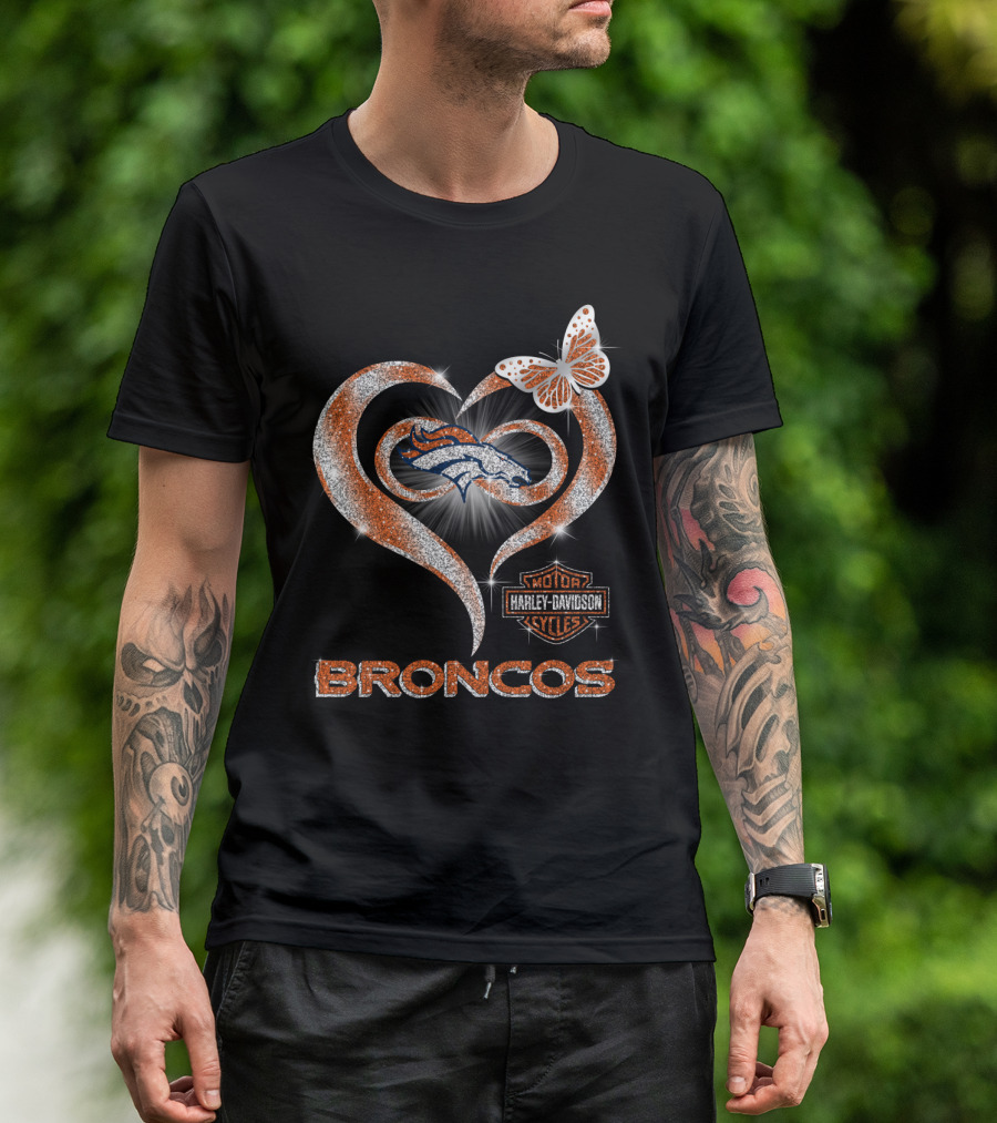 Denver Broncos Heart Harley Davidson Butterfly T-Shirt