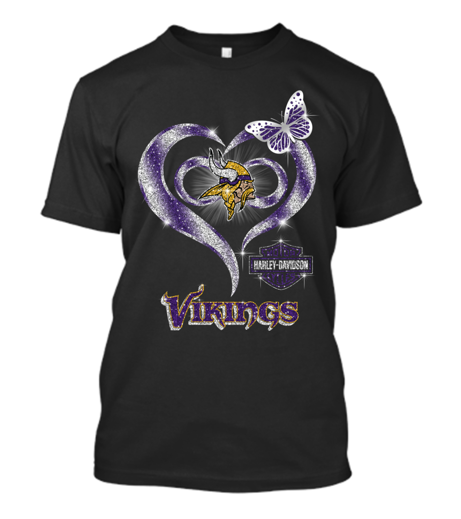 Minnesota Vikings Harley Davidson Heart Butterfly T-Shirt