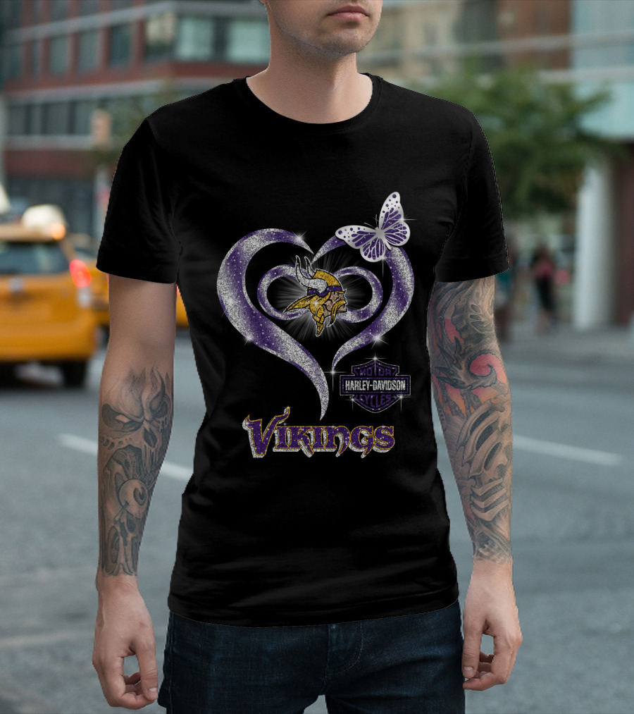 Minnesota Vikings Harley Davidson Heart Butterfly T-Shirt