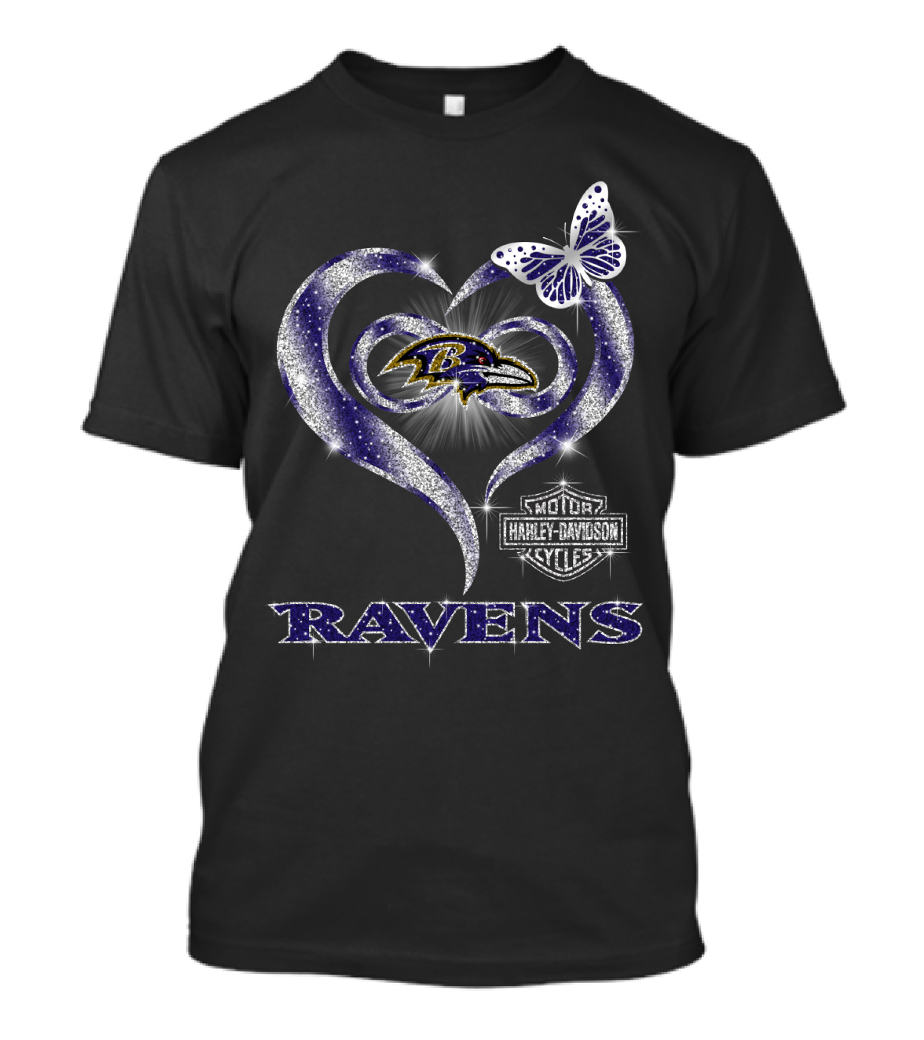 Baltimore Ravens Heart Harley Davidson Butterfly T-Shirt