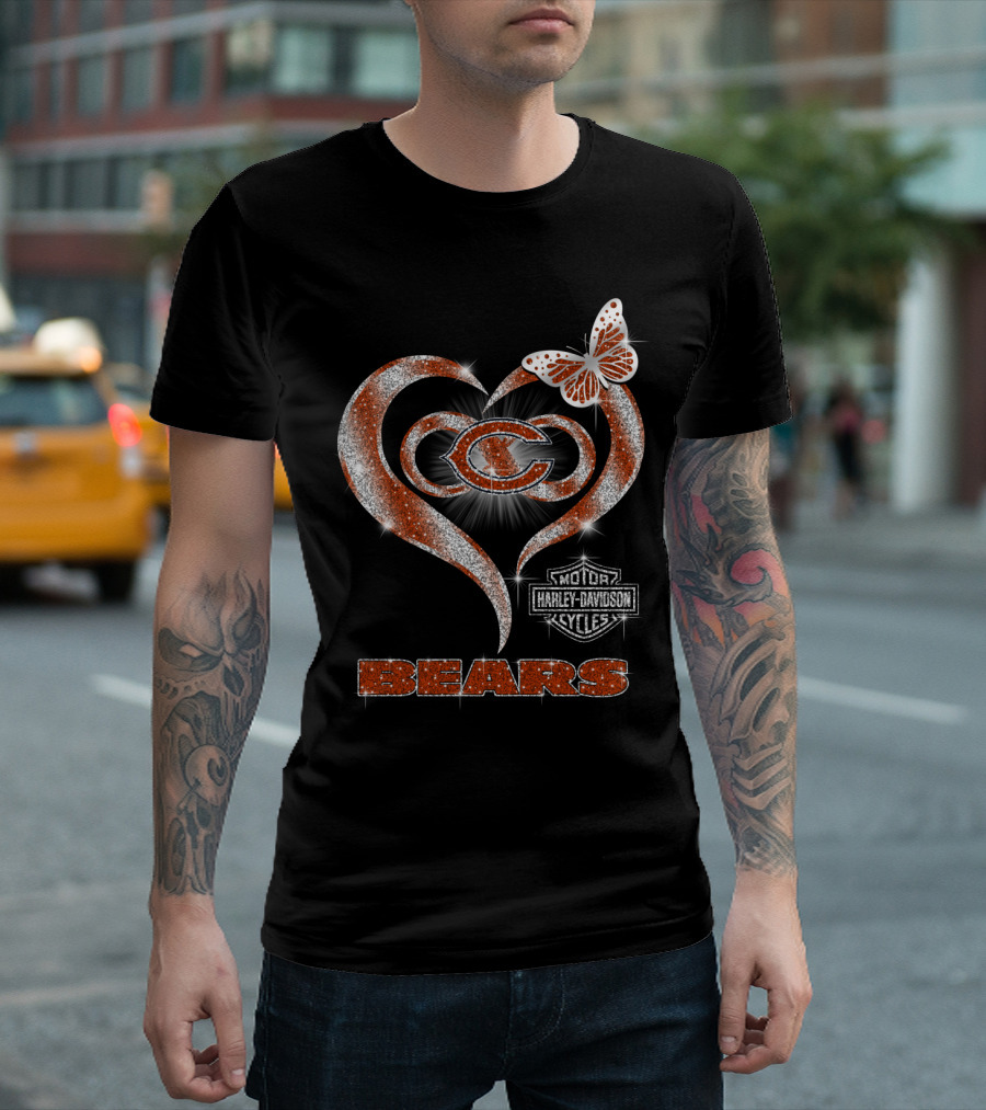 Hlh01 Chicago Bears Heart Butterfly Harley Davidson Cycles T-Shirt