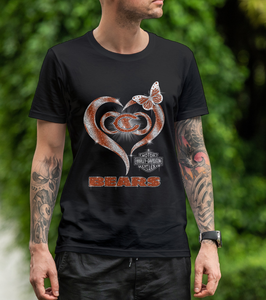 Hlh01 Chicago Bears Heart Butterfly Harley Davidson Cycles T-Shirt