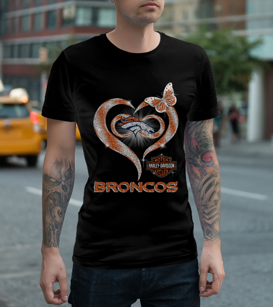 Hlh01 Denver Broncos Harley Davidson Heart Butterfly Sparkle T-Shirt