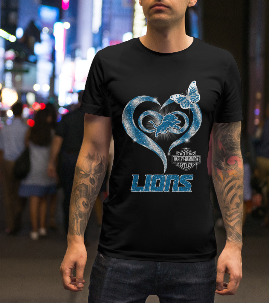 Detroit Lions Harley Davidson Motor Cycles Heart Butterfly T-Shirt