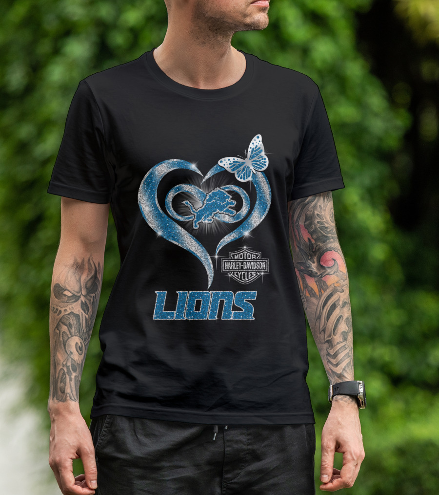 Detroit Lions Harley Davidson Motor Cycles Heart Butterfly T-Shirt