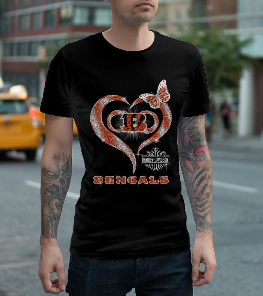 Cincinnati Bengals Heart Harley Davidson Butterfly T-Shirt
