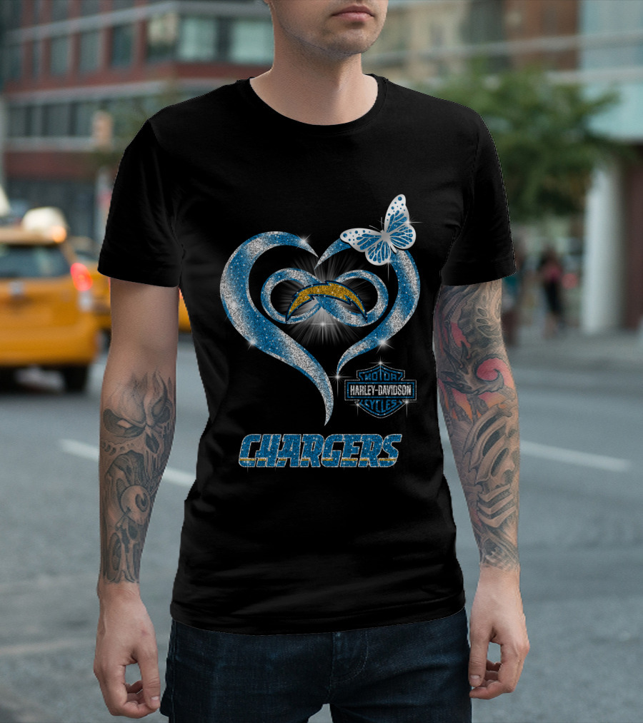 Hlh01 Los Angeles Chargers Harley Davidson Motorcycles Heart Butterfly T-Shirt