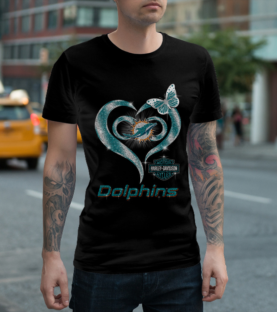 Miami Dolphins Heart With Harley Davidson Logo And Butterfly T-Shirt
