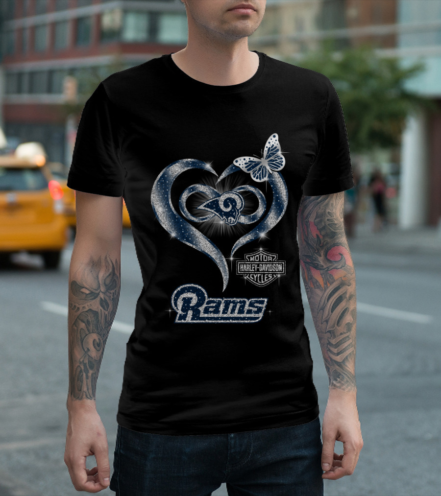 Los Angeles Rams Harley Davidson Heart Butterfly T-Shirt