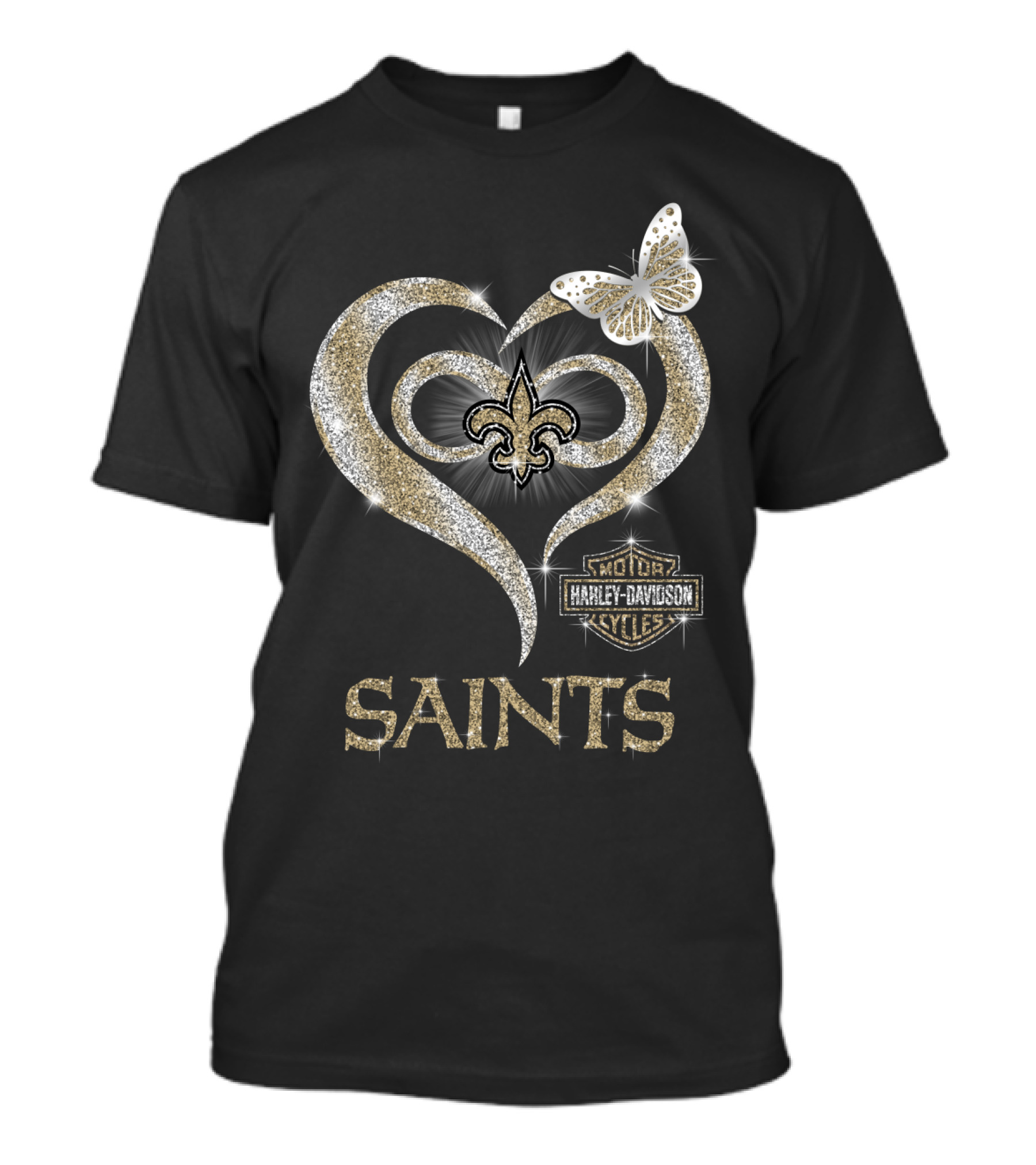 New Orleans Saints Harley Davidson Heart Fleur-De-Lis Butterfly T-Shirt