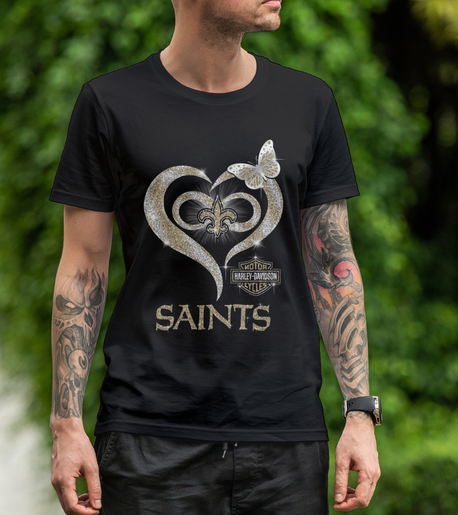 New Orleans Saints Harley Davidson Heart Fleur-De-Lis Butterfly T-Shirt