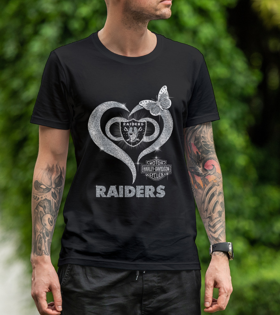 Hlh01 Raiders Harley Davidson Cycles Silver Butterfly Heart T-Shirt