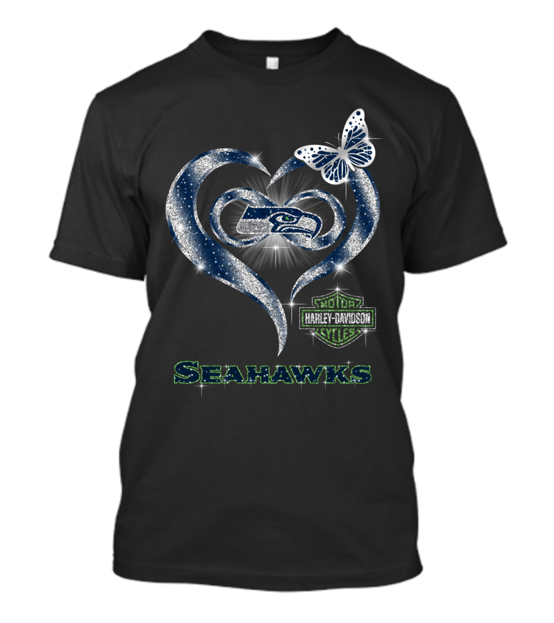 Seattle Seahawks Harley Davidson Heart Butterfly Sparkle T-Shirt