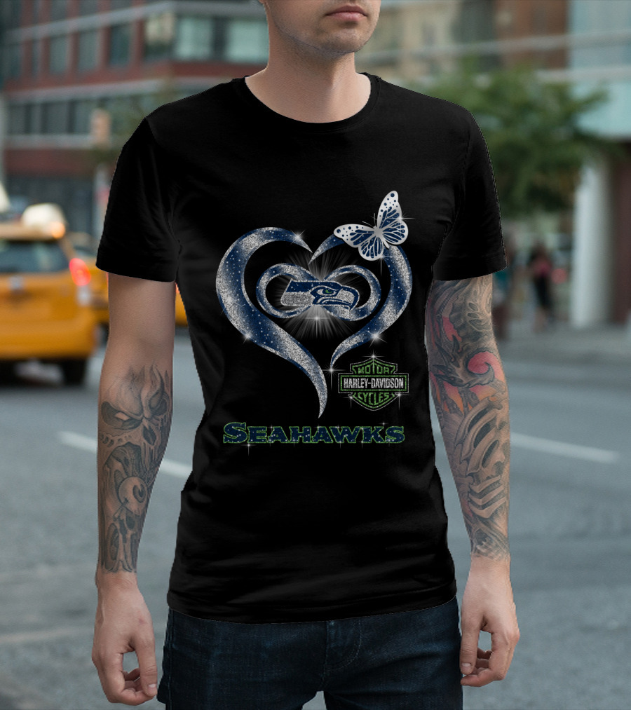 Seattle Seahawks Harley Davidson Heart Butterfly Sparkle T-Shirt