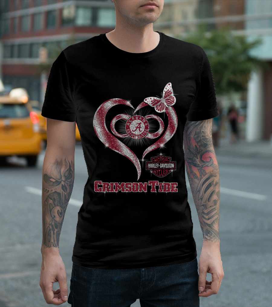 Alabama Crimson Tide Harley Davidson Heart With Butterfly Sparkle T-Shirt