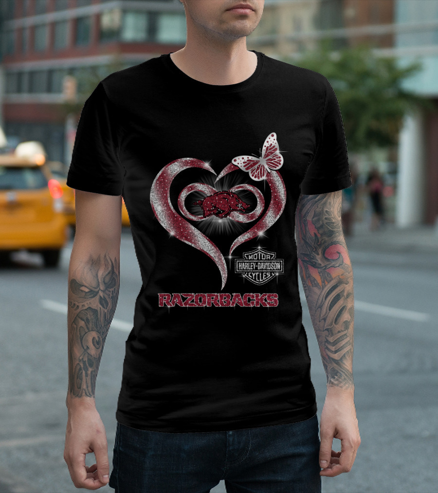 Razorbacks Heart Arkansas Harley Davidson Cycles Butterfly T-Shirt