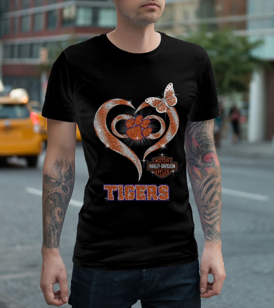 Clemson Tigers Harley Davidson Heart With Paw Print And Butterfly T-Shirt