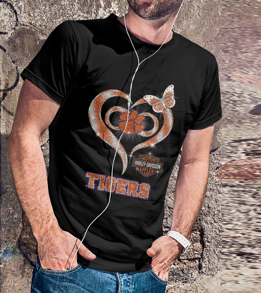 Clemson Tigers Harley Davidson Heart With Paw Print And Butterfly T-Shirt