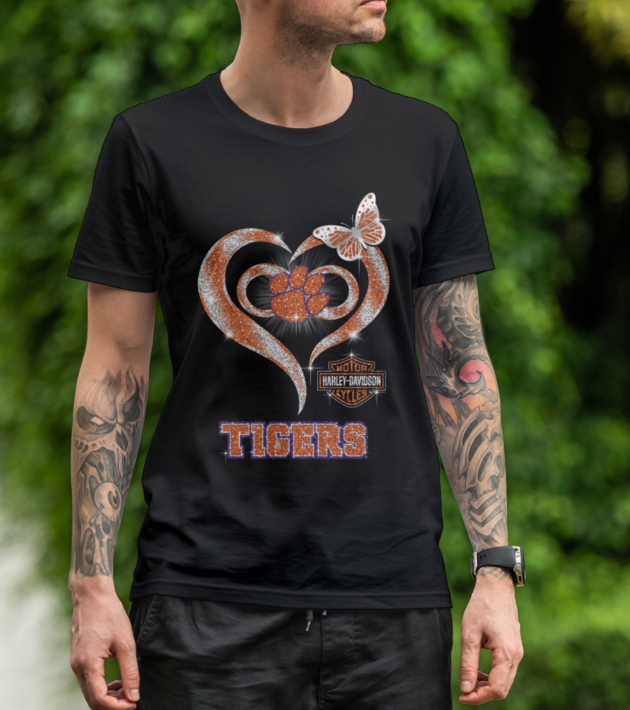Clemson Tigers Harley Davidson Heart With Paw Print And Butterfly T-Shirt