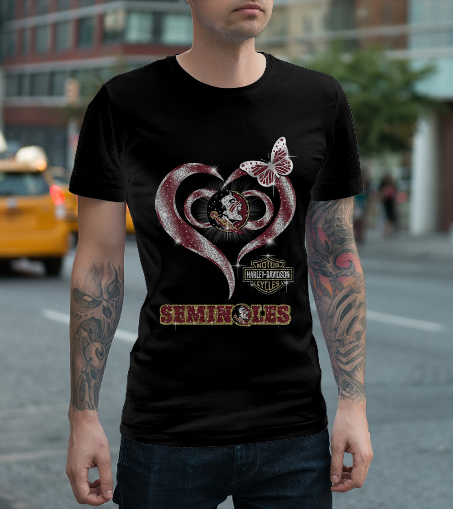Seminoles Heart With Harley Davidson And Butterfly Motif T-Shirt