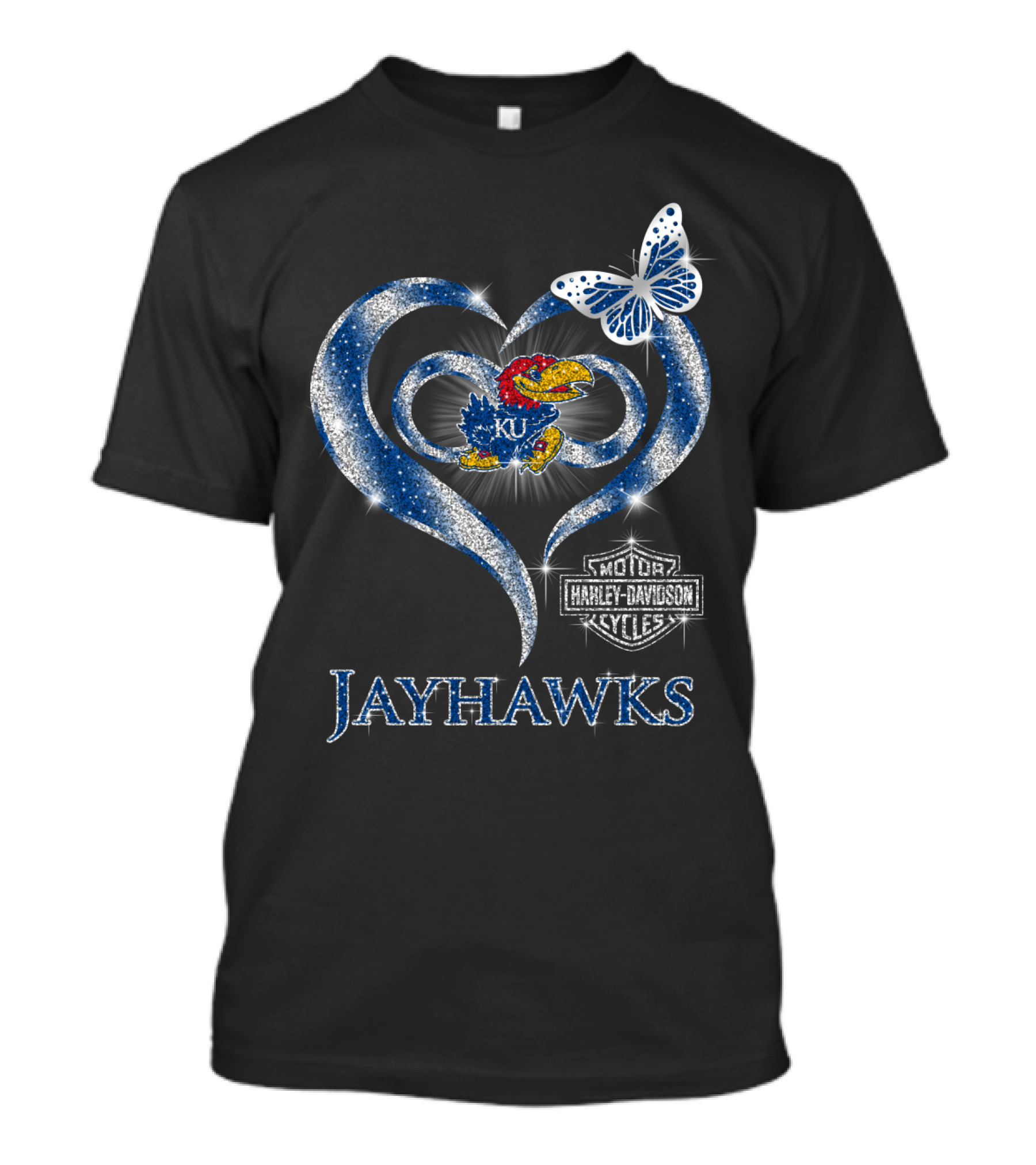 Ku Kansas Jayhawks Harley Davidson Heart Butterfly T-Shirt