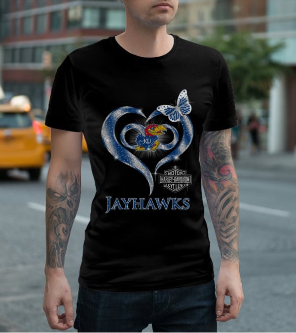 Ku Kansas Jayhawks Harley Davidson Heart Butterfly T-Shirt