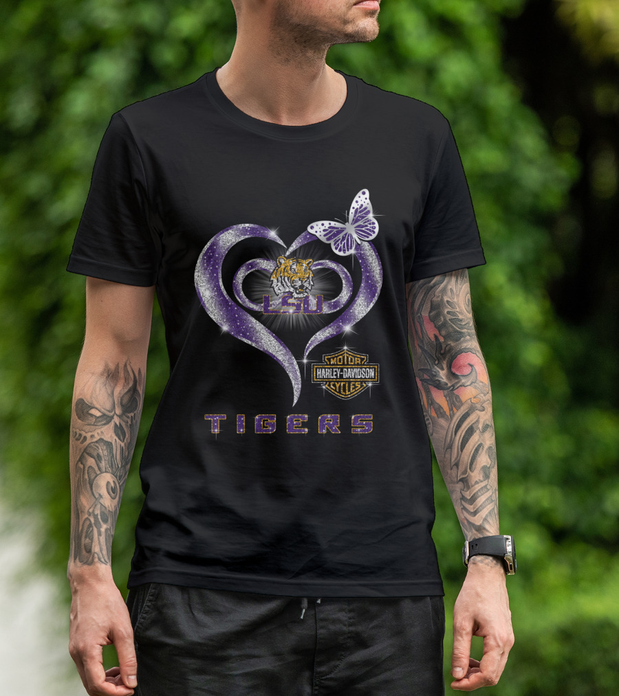 Lsu Tigers Harley Davidson Heart Butterfly T-Shirt