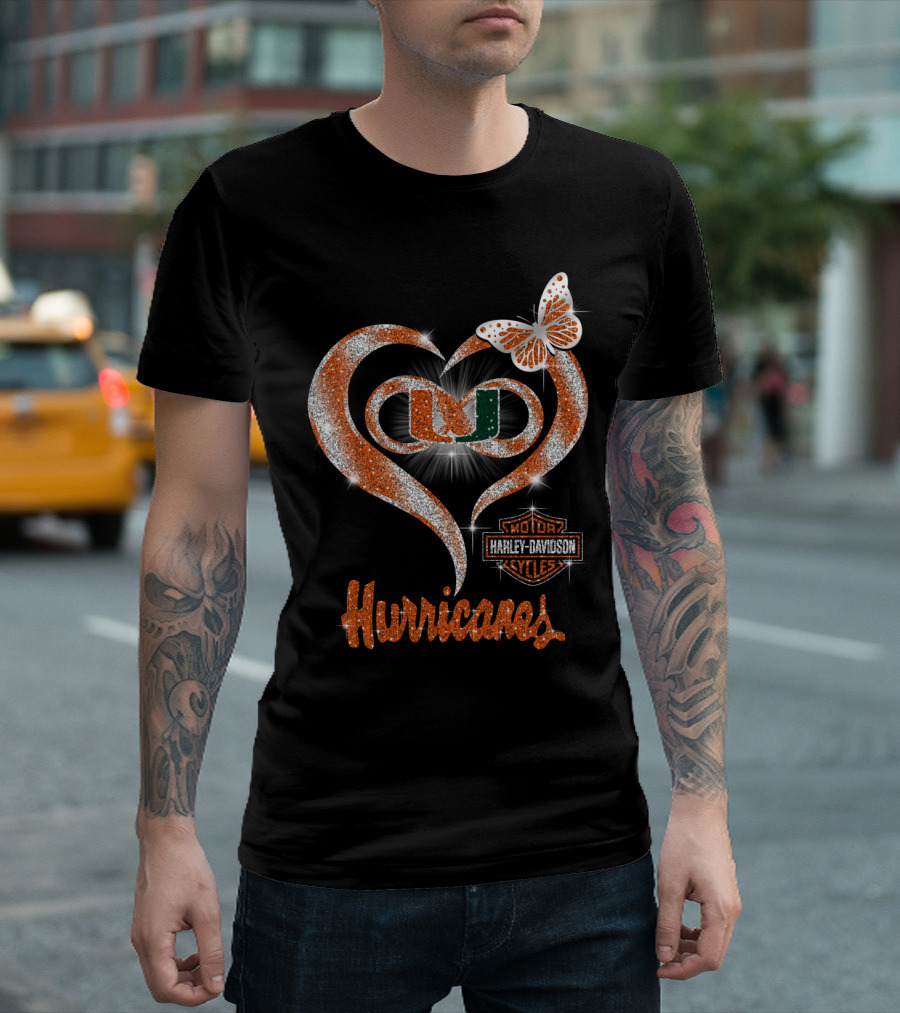 Miami Hurricanes U Heart Harley Davidson Butterfly Sparkle T-Shirt