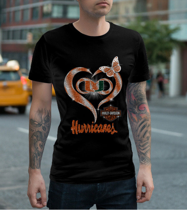 Miami Hurricanes U Heart Harley Davidson Butterfly Sparkle T-Shirt