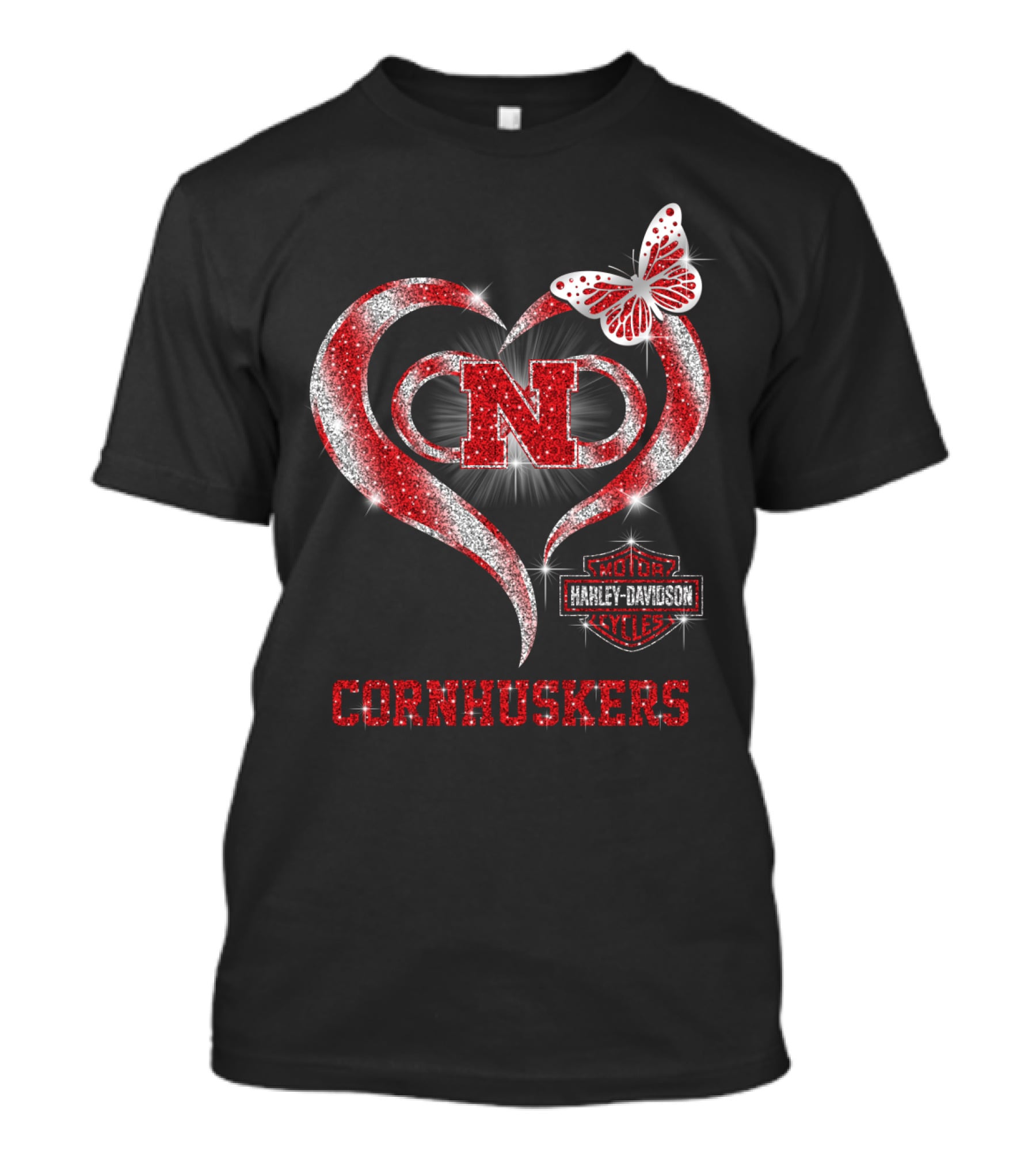 Nebraska Cornhuskers Heart Butterfly Harley Davidson Styles T-Shirt