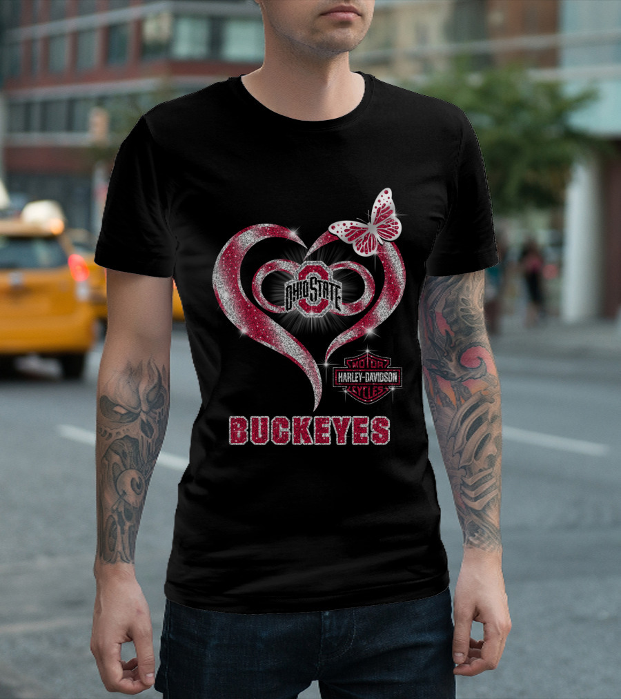 Ohio State Buckeyes Harley Davidson Heart Butterfly T-Shirt