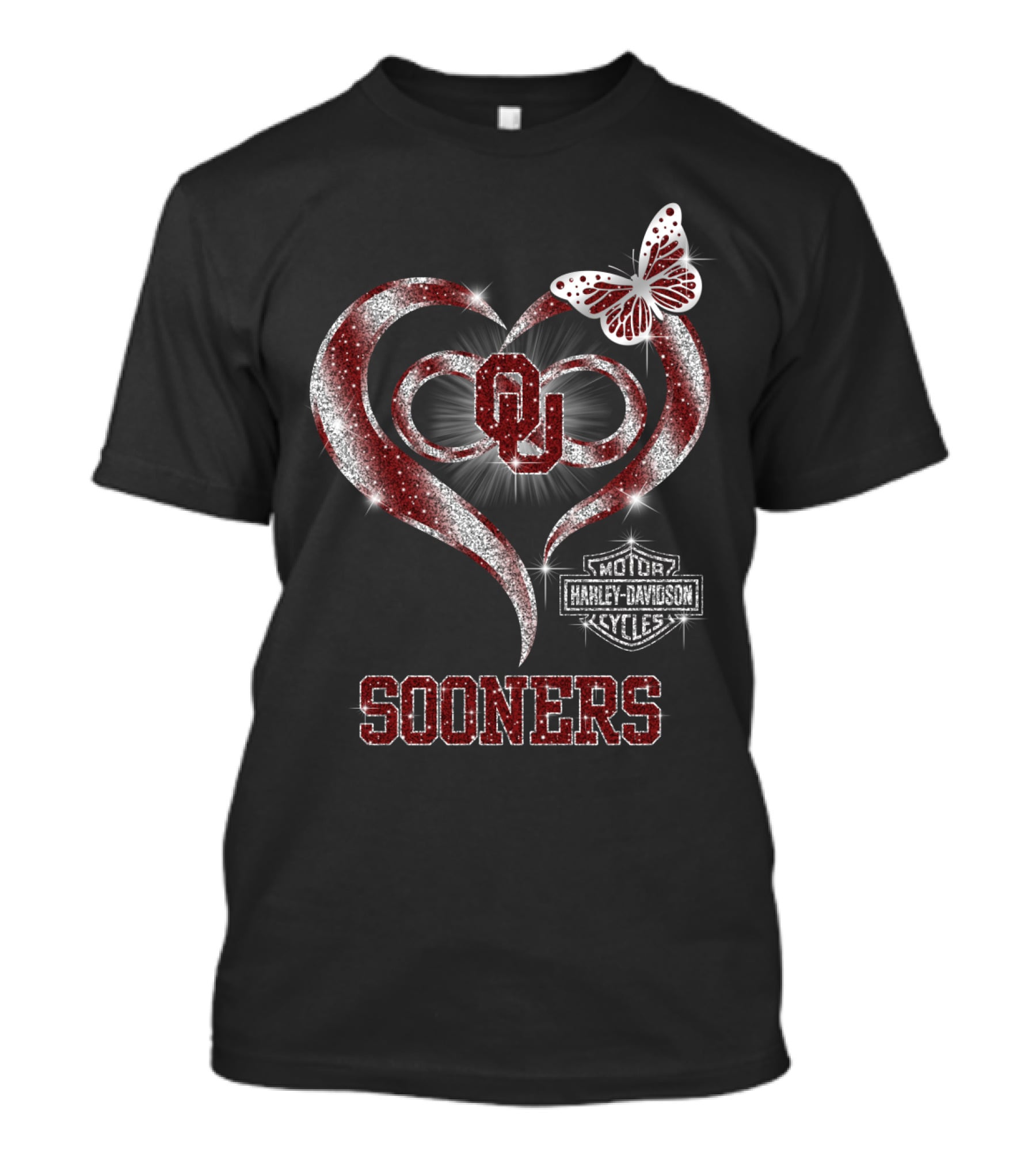Ou Sooners Harley Davidson Heart Butterfly T-Shirt