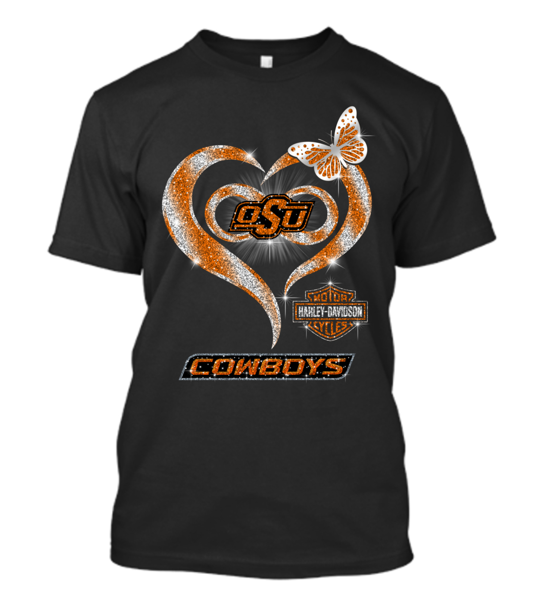 Osu Cowboys Heart Harley Davidson Sparkle Butterfly T-Shirt