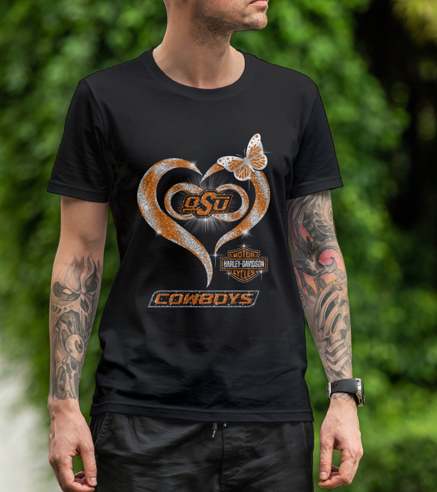 Osu Cowboys Heart Harley Davidson Sparkle Butterfly T-Shirt