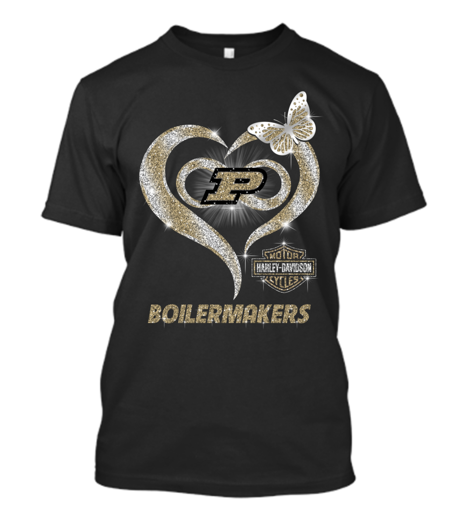 Purdue Boilermakers Harley Davidson Heart With Butterfly And P T-Shirt