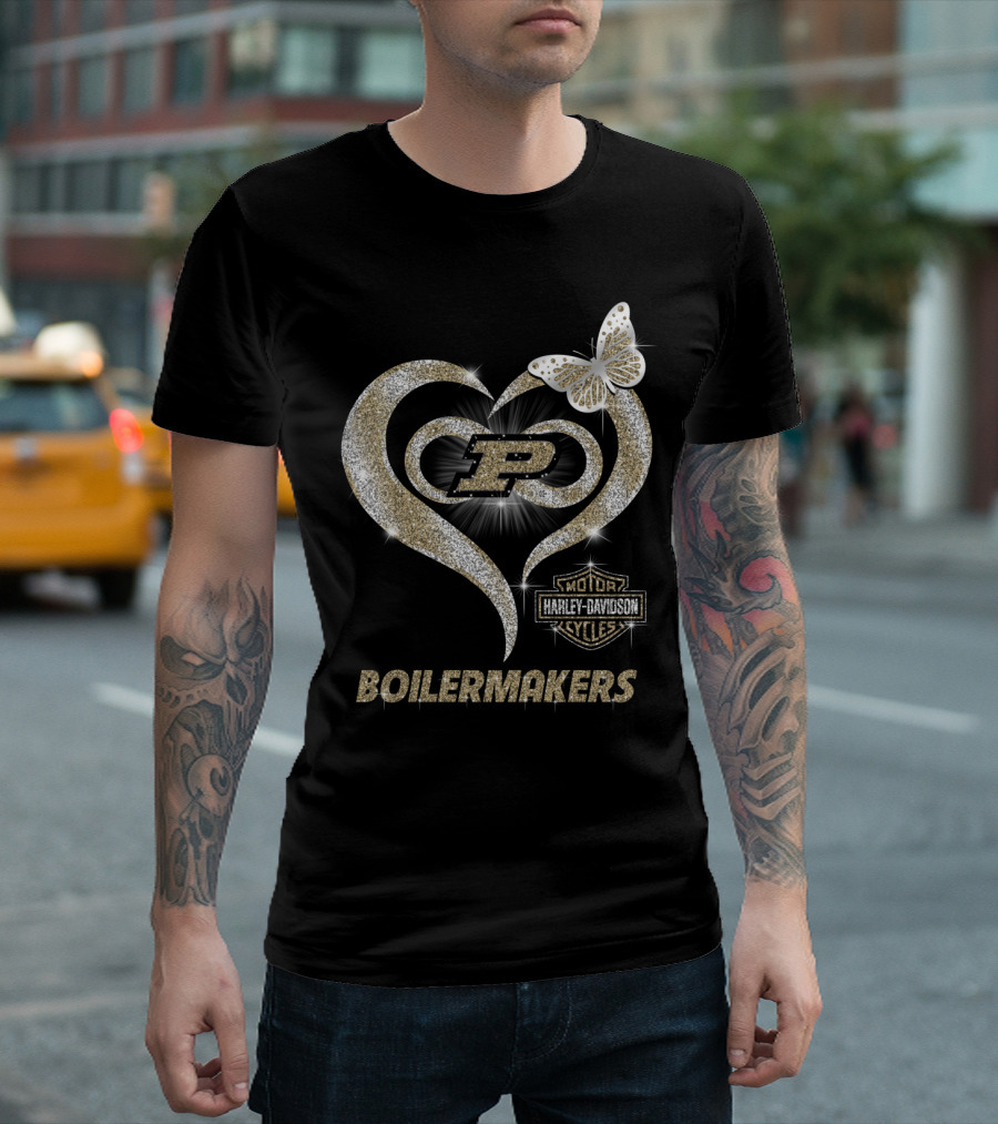 Purdue Boilermakers Harley Davidson Heart With Butterfly And P T-Shirt