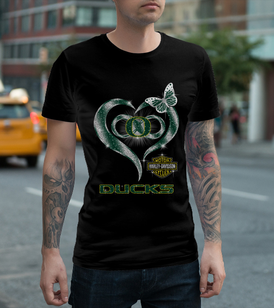Hlh01 Oregon Ducks Harley Davidson Heart Butterfly T-Shirt