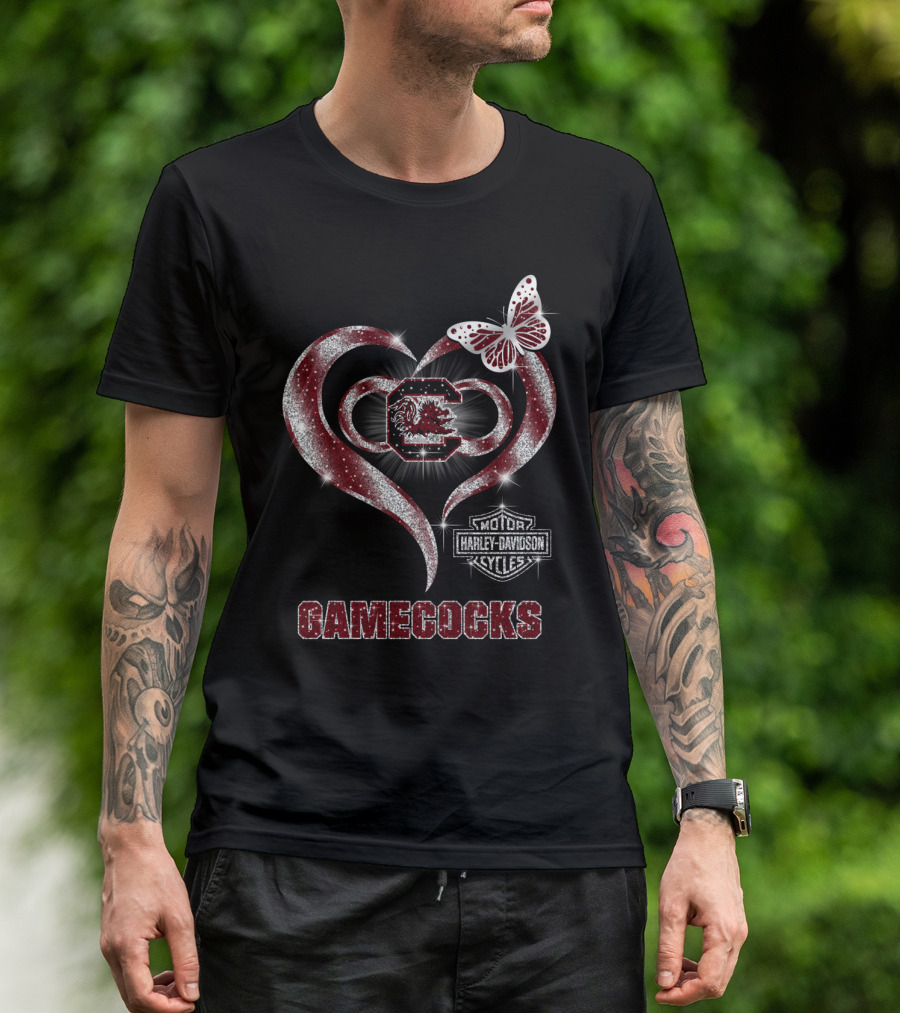 Harley Davidson Gamecocks Heart Butterfly Logo South Carolina T-Shirt