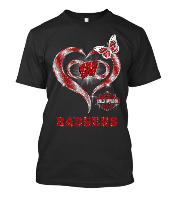 Wisconsin Badgers W Heart Harley Davidson Styles Butterfly T-Shirt